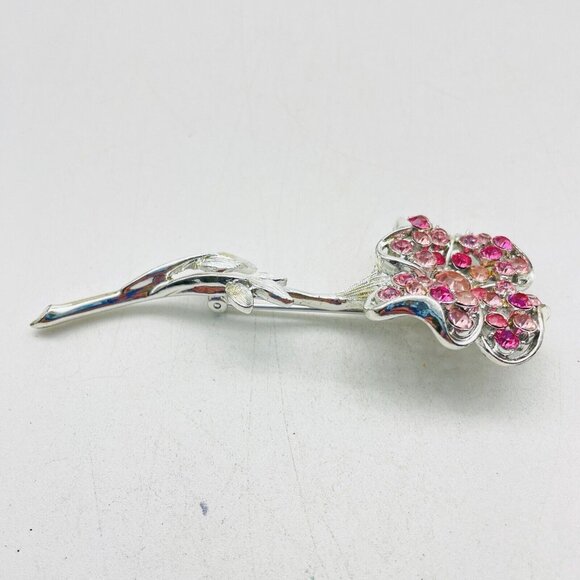CORO Pink Rhinestone Flower Pin Blooming Silver Tone Nature Garden Trees Floral - Picture 2 of 6